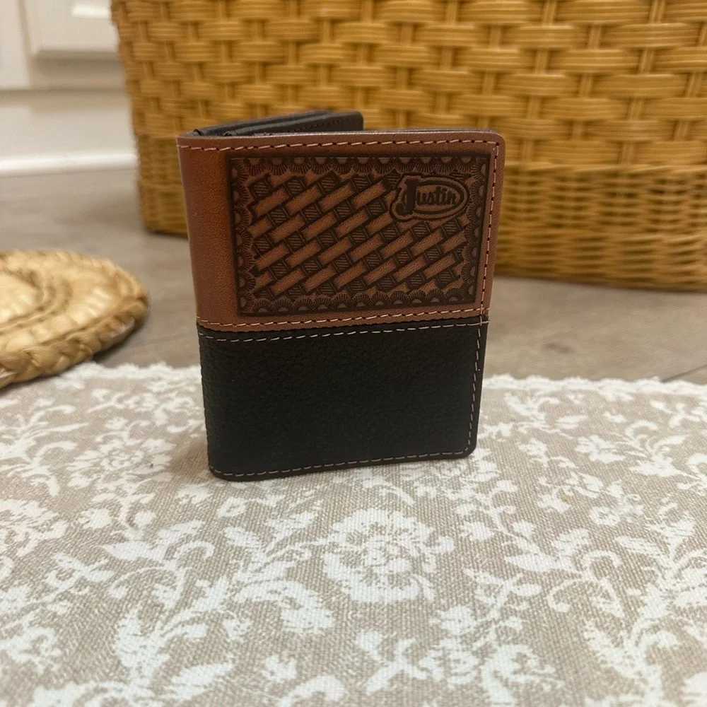 New Justin Boots Mens Leather Wallet Bi Fold Basketweave Card Wallet Brown Black